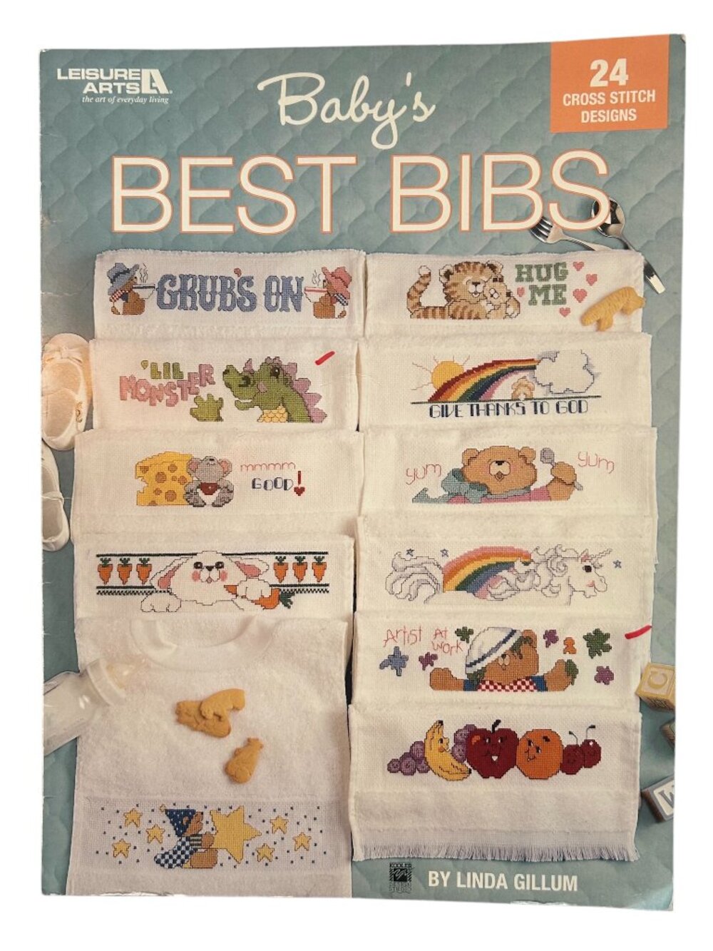 Vintage Linda Gillum Cross-Stitch Baby's Best Bibs Pattern Booklet Leisure Arts